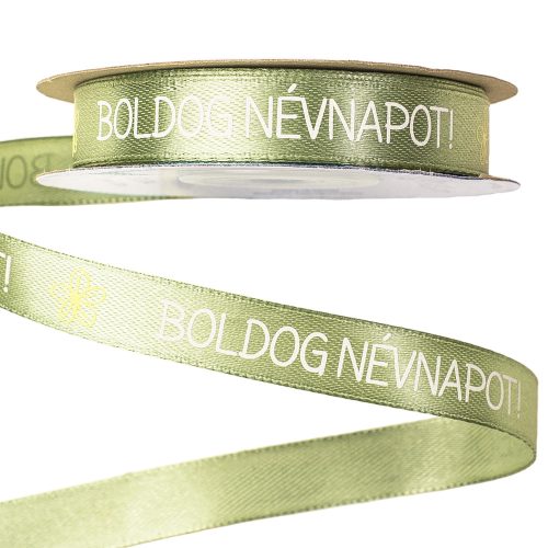 Boldog Névnapot! feliratos szatén szalag 12mm x 20m - Vintage zöld