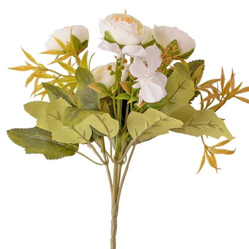 5 ágú hortenziás tearózsa selyemvirág csokor- 25cm magas - Fehér AF053-04