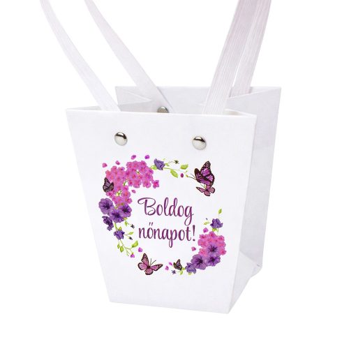 10db. Boldog nőnapot! feliratos virág táska 12(h) x 8(sz) x 12.5(m) cm
