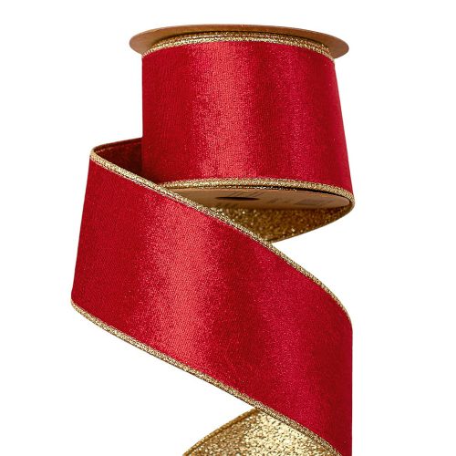Piros bársony szalag csillogó hátoldallal- drótos szegéllyel 63mm x 5m